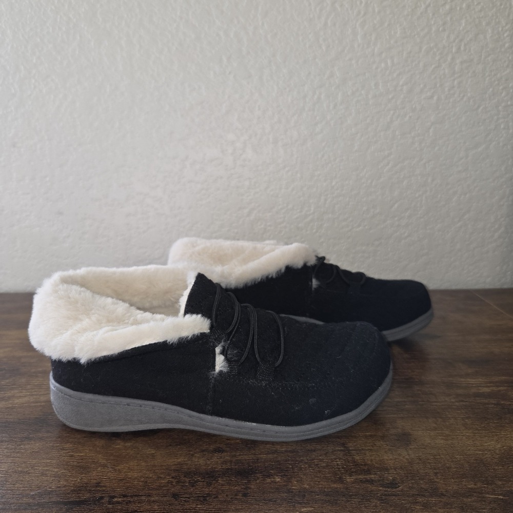 Vionic Slippers Women's Size 5 Indoor Outdoor Flannel Believe Black Soft Fuzzy